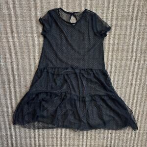 Black Mesh Polka Dot Mini Dress | Drop Waist Ruffle Hem | Keyhole Back